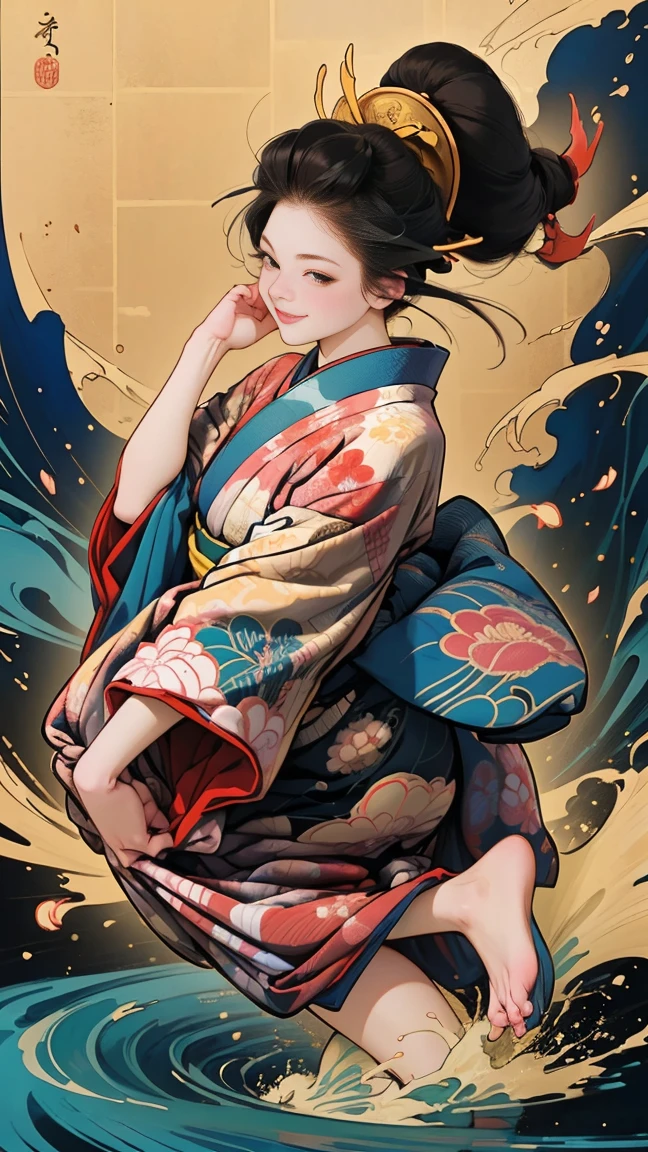 (Sea Art、I create amazing digital illustrations of beautiful women in kimonos)、Beautiful woman smiling showing her upper white teeth、Colorful Ukiyo-e style illustrations、Brown-black long hair、Beautiful full body style、If you want to dance, Dancing to Tokyo Ondo, Good good、Beautiful new digital paintings,、 Bright and vibrant digital anime art、Beautiful anime portraits、Background,The front torii gate of a Japanese shrine.、Detailed digital anime art、