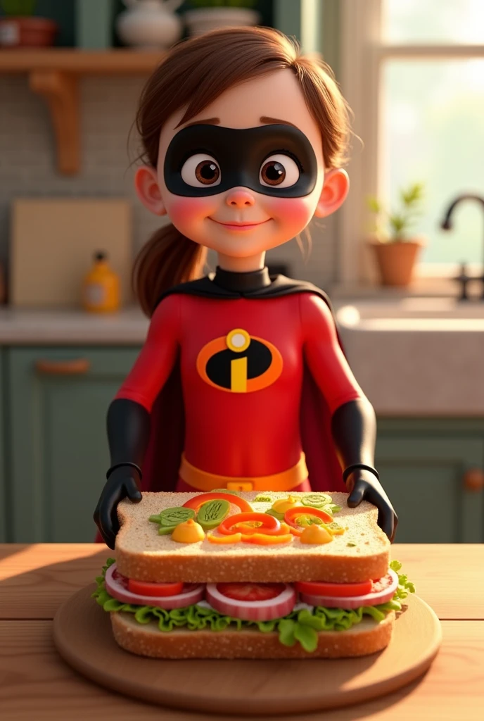 I made a sandwich, oh so grand,
"A child making a big, colorful sandwich with various ingredients arranged on a kitchen counter. The child is smiling proudly at his creation."I want to create a realistic 3D illustrated image of a cute girl in an Incredibles costume.