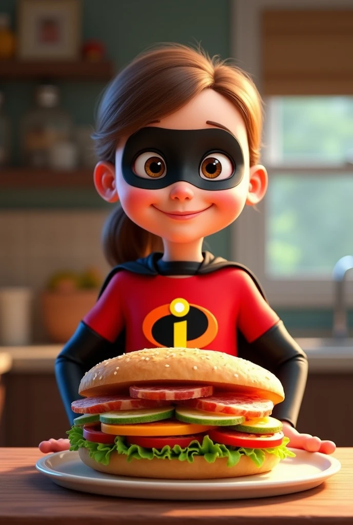 I made a sandwich, oh so grand,
"A child making a big, colorful sandwich with various ingredients arranged on a kitchen counter. The child is smiling proudly at his creation."I want to create a realistic 3D illustrated image of a cute girl in an Incredibles costume.