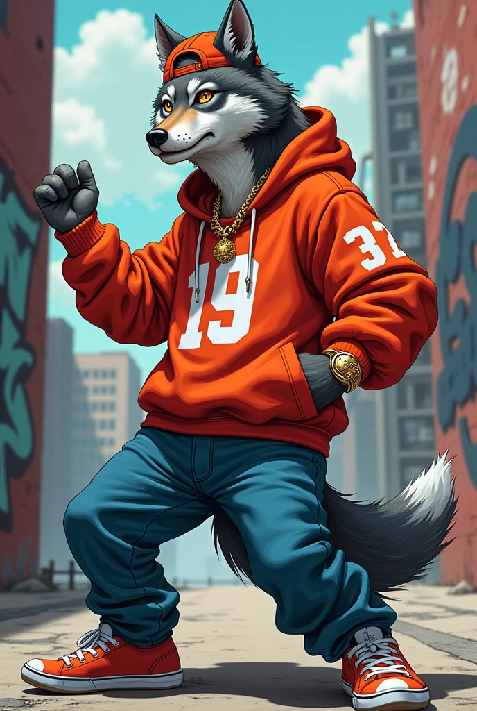 Illustration of a wolf doing hiphop and dressed like the rappers of the 90s