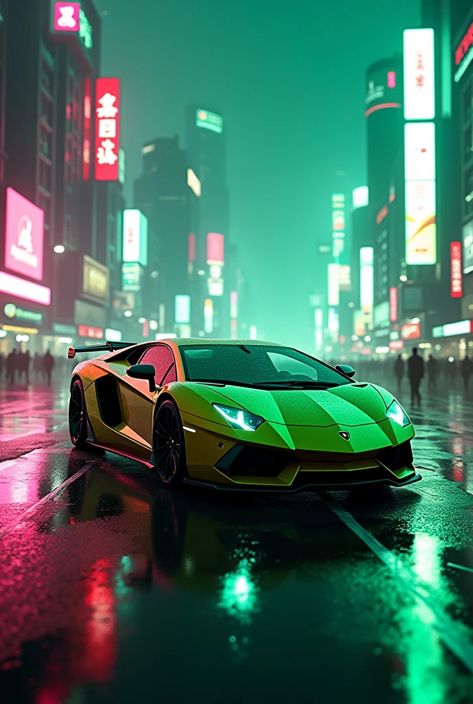 Aventador svj in cyberpunk neon city with green neon lights without rain and water