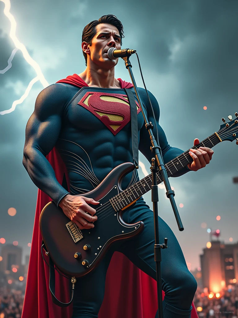 Rock Superman marvel holding the microfon singing with a background of thunder and a very rock vibes.