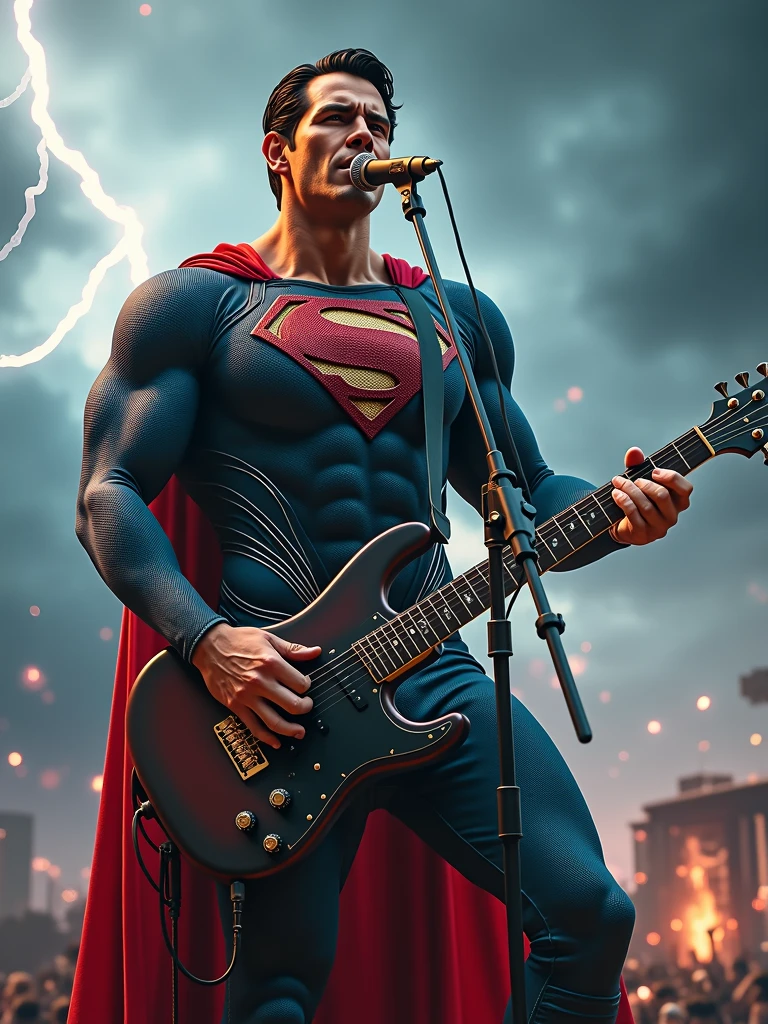 Rock Superman marvel holding the microfon singing with a background of thunder and a very rock vibes.