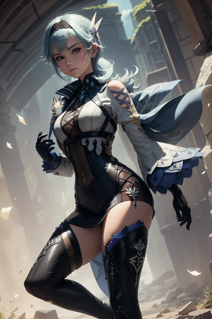 ((euladef)):1.5,((masterpiece,Highest quality,Highly detailed images,Beautiful images))1.4(Image of Eula leaning back with her arms raised、Huge crystal in the background、Overall dim lighting、Backlight、A fantastic atmosphere、Thick Fog、Dust flutters)1.3,(Close-up image of eula)1.1、(Her back is arched, Accentuate your breasts.、Turn your body to the viewer):1.2(Beautiful cleavage、Exposing cleavage)
