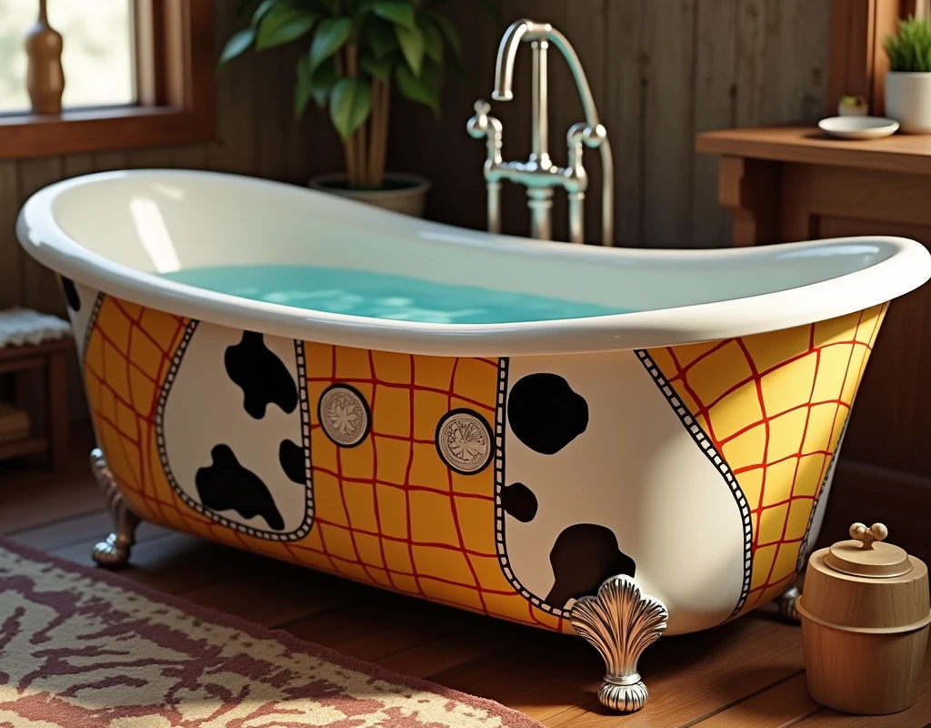 We need a big bathtub with Woody's image on it and that bathtub is filled with water.