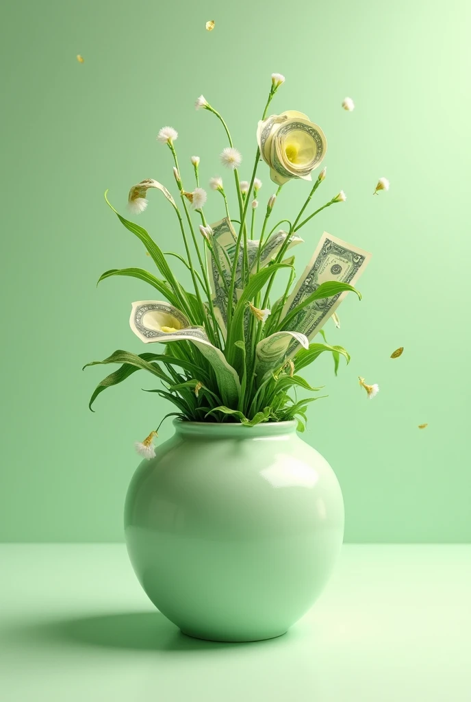 Money growing in a vase light green background