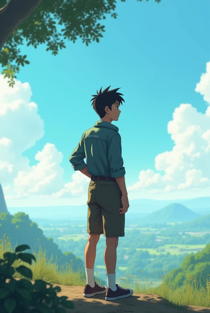 Chicho looking at the horizon while he has one of his hands on his back waist Show versions

