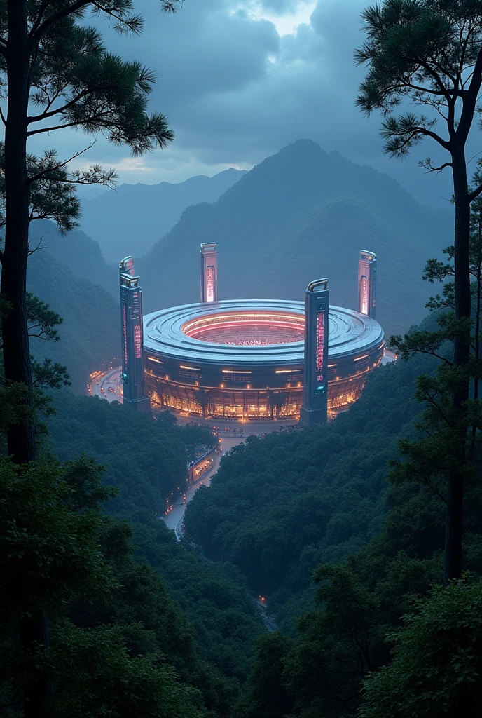 A future stadium at night inside forest