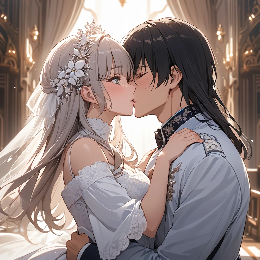 ((Highest quality)), ((masterpiece)), (detailed), （Perfect Face）、The woman is Reika Aoki, a Russian woman with semi-long hair.、A woman is getting married to a Russian man in Russia, embracing him and kissing him in exchange for a vow.
