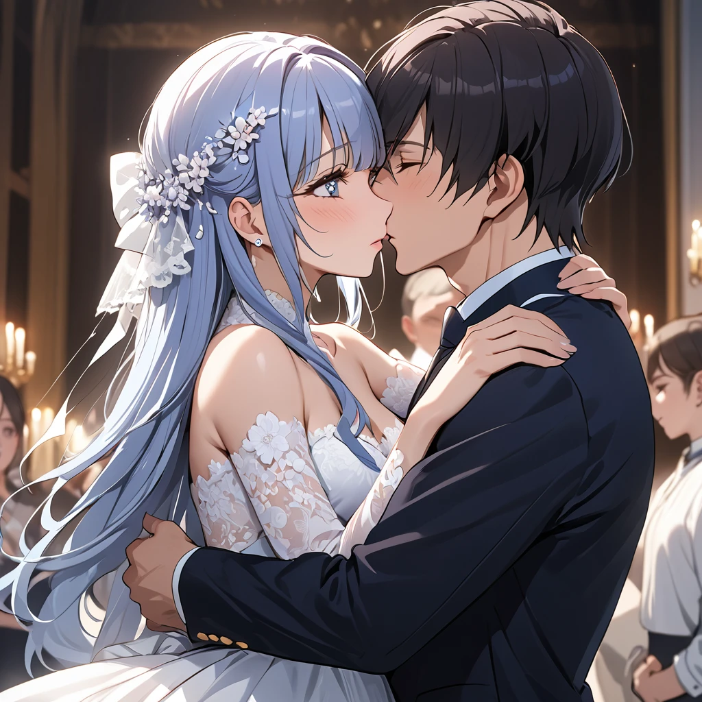 ((Highest quality)), ((masterpiece)), (detailed), （Perfect Face）、The woman is Reika Aoki, a Russian woman with semi-long hair.、A woman is getting married to a Russian man in Russia, embracing him and kissing him in exchange for a vow.