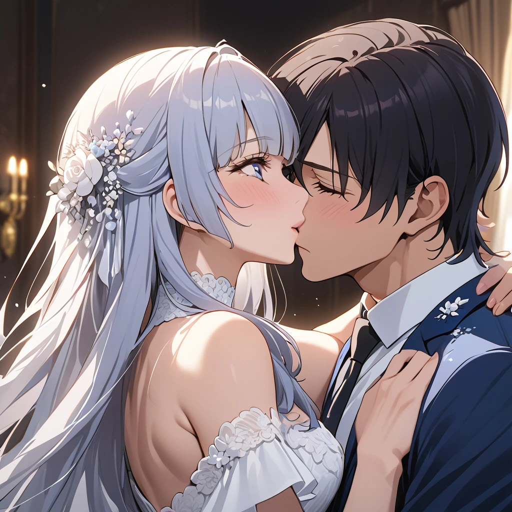 ((Highest quality)), ((masterpiece)), (detailed), （Perfect Face）、The woman is Reika Aoki, a Russian woman with semi-long hair.、A woman is getting married to a Russian man in Russia, embracing him and kissing him in exchange for a vow.