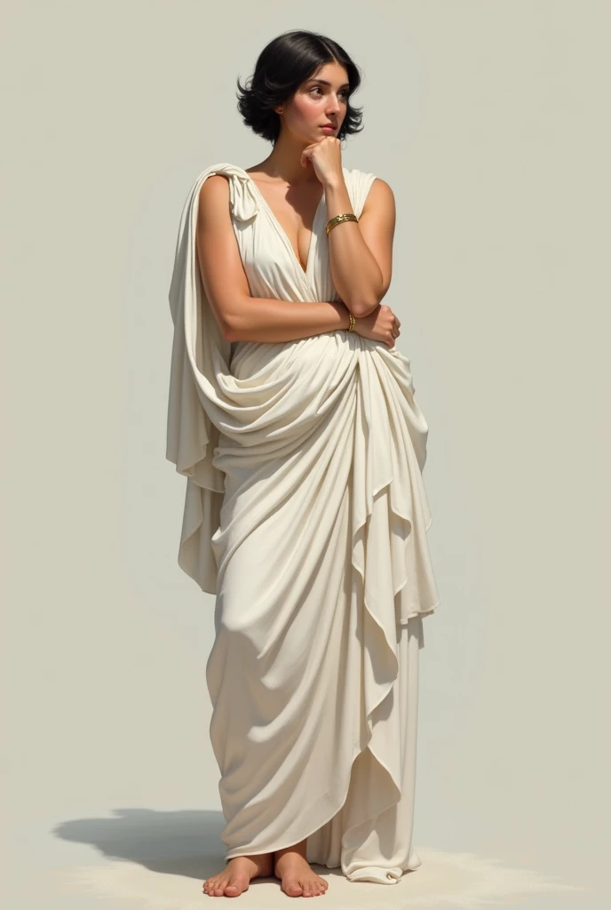 Sappho of Lesbos with short black hair and a white dress appearing full-body and with a surprised expression, with one hand on the chin.