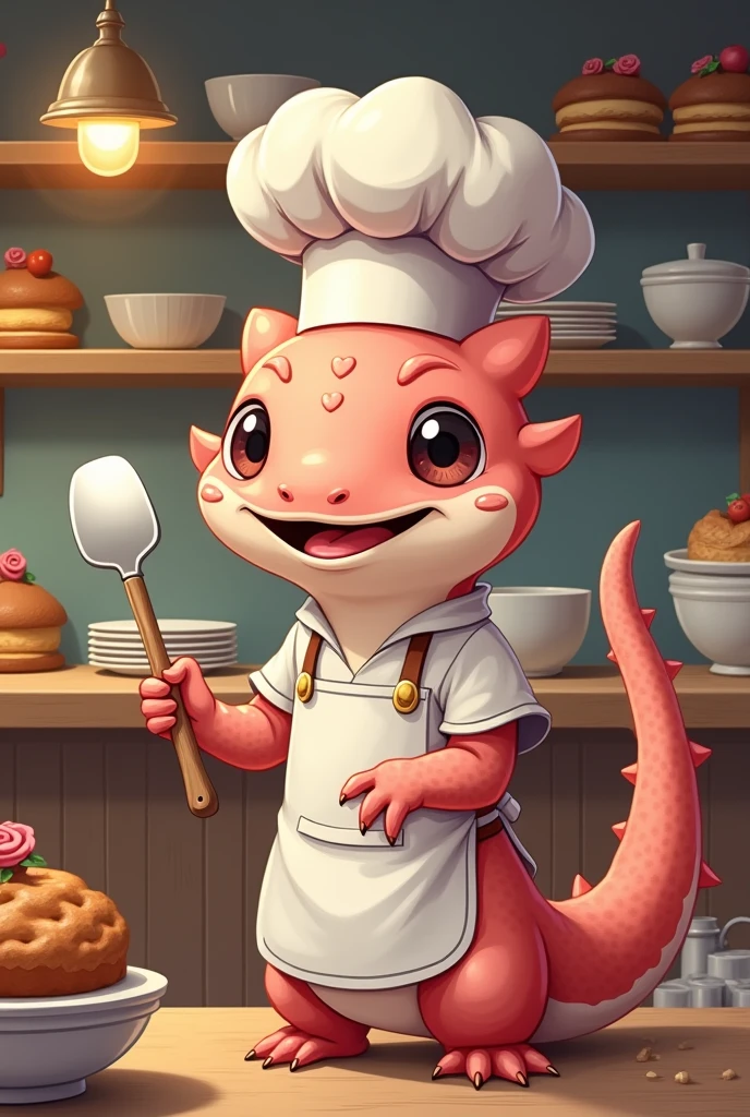 I need animal axolotl dressed as a pastry chef and nombre the seeet memory, is a entreprenaut the bakery and catering but drar cartoon
