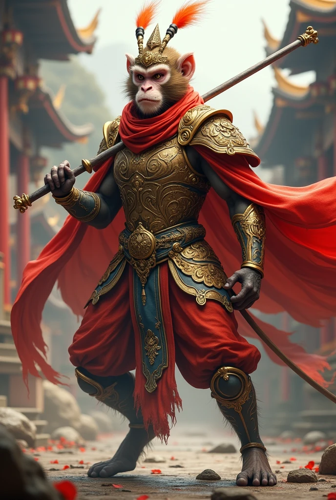 Sun wukong, human body, rhesus macaques monkey face, in golden and brown full-body dynasty armor, two antenna-like plumes headdress, wielding a long metal bo stick with gold on two edges, red flowing cape, dynamic pose, fantasy vibe,