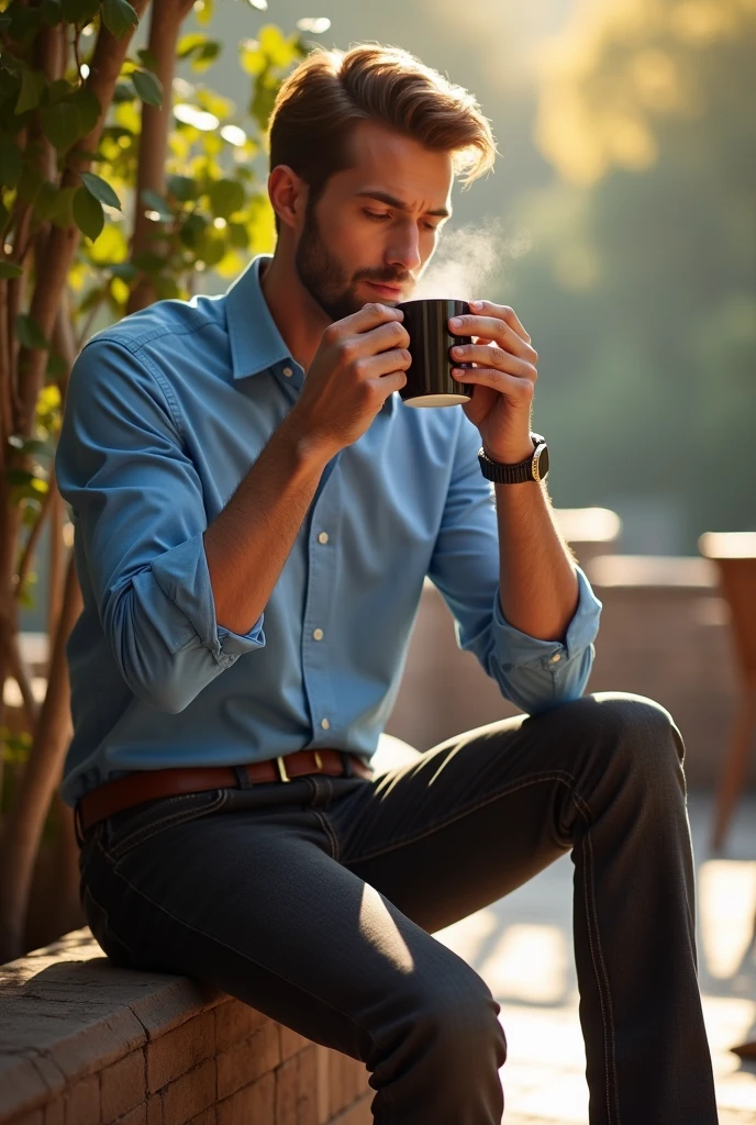 Man can wearing blue shirt and brown jean and Rolex watch drink coffee sunside view