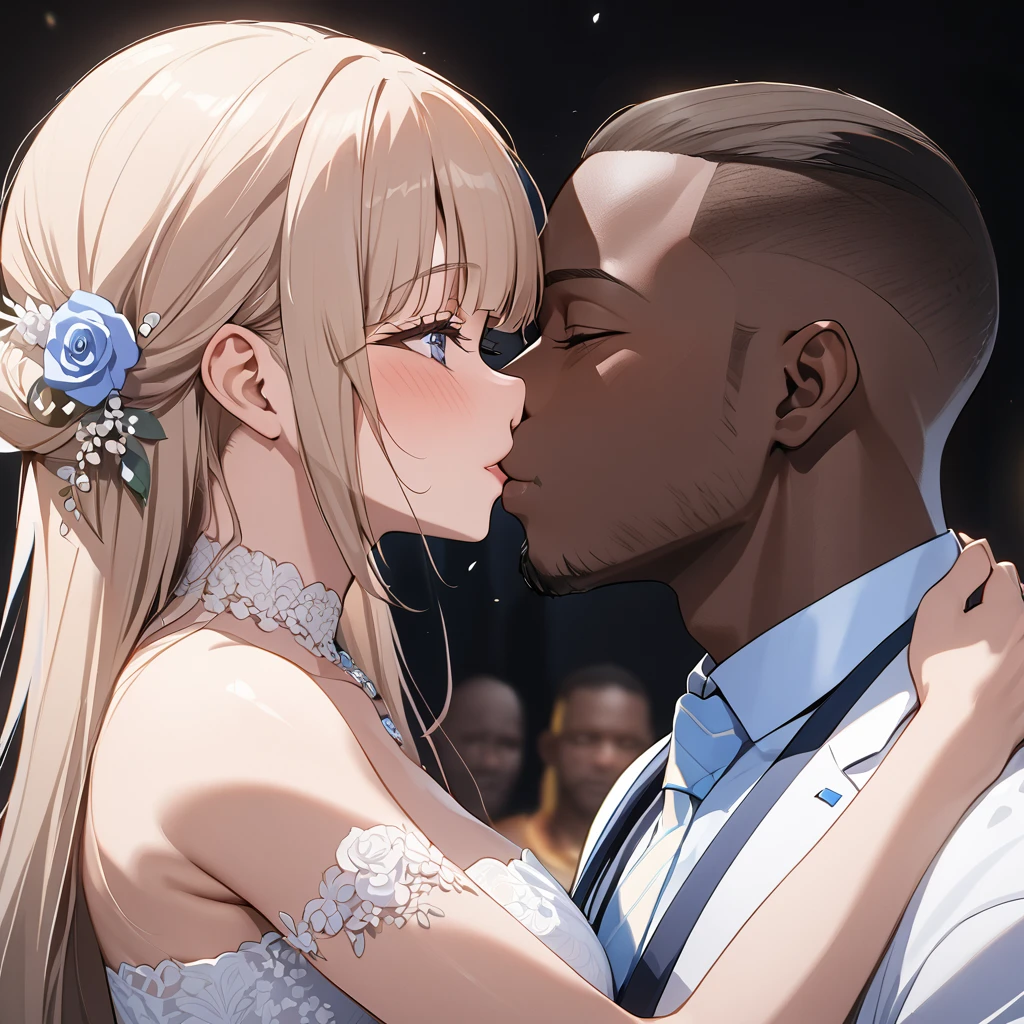 ((Highest quality)), ((masterpiece)), (detailed), （Perfect Face）、The woman is Reika Aoki, a Congolese woman with medium-long hair.、A woman is getting married to a Congolese man in the Congo, embracing him and kissing him in a vow ceremony.