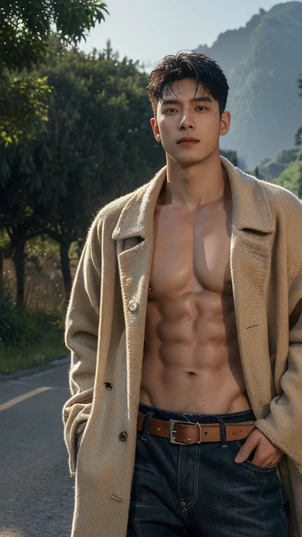 Professional photography, The village chief stands on the dirt road,Put your hands in your pockets,watching,Jacket jacket,belt,There are willow trees next to it,Tsuchiya,ruins,,body positive,handsome chinese man in his forties,Nasal pattern,rough face,worried expression,white short hair,beard,oily skin reaction,Strong hands,Covered in sweat,chest muscles,Very large nipples,Raised nipples,strong muscle,Thick waist,wide waist,brown skin,thick thighs),Detailed hair details,erotic gaston boucier style,dark sky,wet scene,There are mountain peaks in the distance,banana trees,global illumination, CG-level lighting rendering,low contrast, (best quality),masterpiece,8K wallpaper quality,List of Utria , Normal, wearing nothing, completely naked expose his huge penis, long big dick masturbate, the most perfect penis erecting , Realistic, fully naked, big naked ass