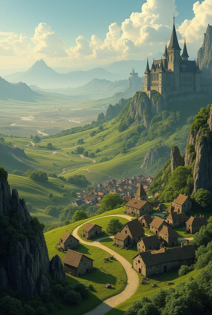 Medieval land in the background with a castle, peasant houses, green hills and further back another castle with dry lands and little vegetation with a dark castle