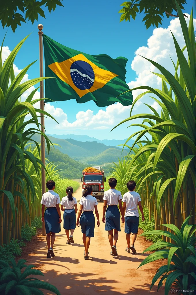 Image of a flag with a white triangle on the left side, a yellow upper stripe and a green lower stripe and people cutting sugar cane and trucks transporting the cane, Children and women going to school in green and white uniforms