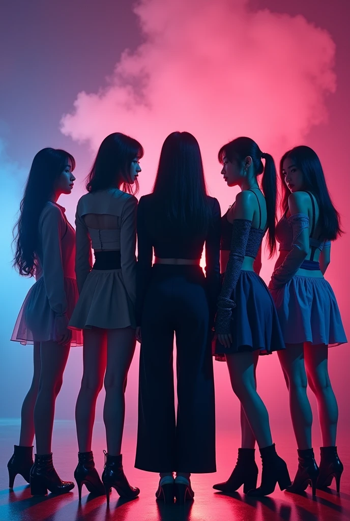 Kpop group 6 girls and 1 boy with their backs turned