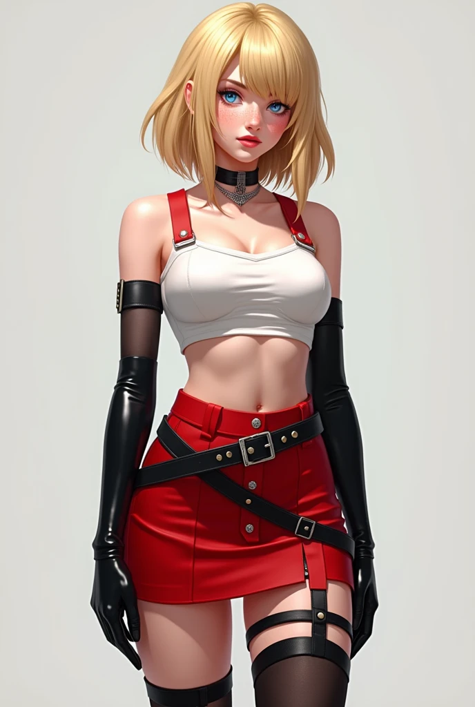 xoaeriel, a blonde teenager, blue eyes, short hair,wearing a red skirt and ,White crop top,black thigh high stockings,black elbow length gloves, big breasts, realist, belts on thighs