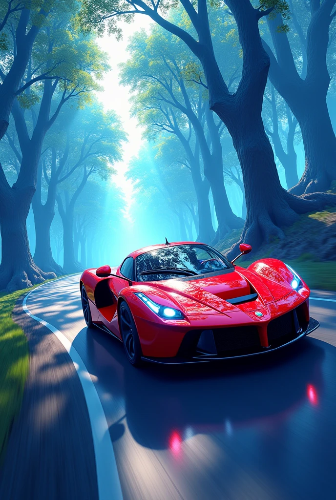 A red car with driving in blue trees