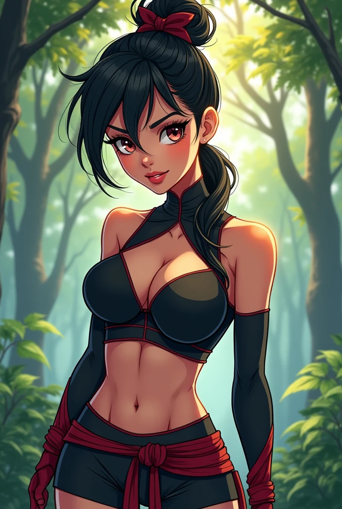 Ninja female figure with war sign. Cartoon image of a woman .Illustration im Cartoon-Stil, cartoon artstyle, cartoon artstyle, digital illustration style, very detailed character design, Mut detailed digital art, Forest Fan Art, Portrait character design, beautiful digital illustration, High quality portrait, Comic Art, young woman with beautiful hair . Lovely, outlined eyes, medium bust and wonderful sexy clothes. Image expression of sexual desire from the waist to the head illustration 