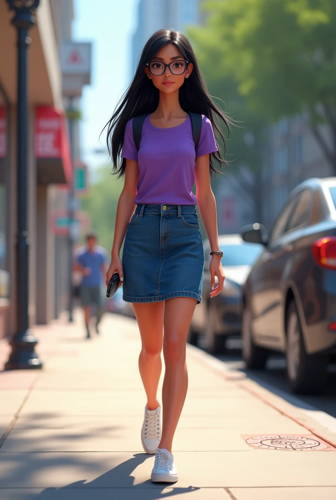 Pixar-type poster with a lady with long, straight black hair, wears glasses,  She wears a purple sleeved blouse and a knee-length fitted denim skirt., white low converse tennis shoes. In his right hand he has a cell phone. He is walking on the sidewalk and there are cars on the street 