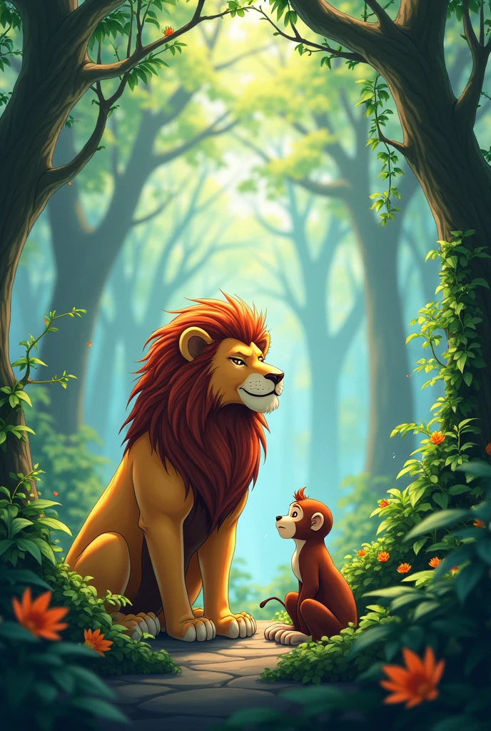 Give me pictures in form of anime lion and monkey siting on jungle hd picture