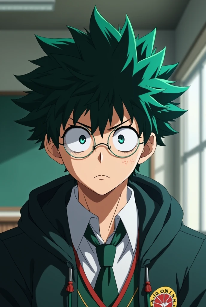 Screenshot of my hero academia.
Girl with green hair and totally short curly hair with bangs,He has freckles and a scar on his right cheek.,He has light blue eyes,He has circular glasses,has a serious expression.He is wearing the UA everyday uniform and has a UA school class in the background.