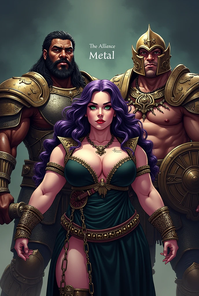 comic book image with 2 dark-skinned warrior men in armor with armor helmets and shield and a curvy, overweight, chubby woman warrior, obese white, very white woman with long purple hair and green eyes wearing an eagle necklace and a black dress with chains, with dark background Write in the middle THE ALLIANCE OF METAL 