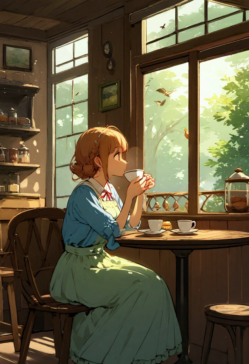 Chica Ghibli tomando un café en una cafetería urbana: Ghibli-style girl, sitting by the window of a cozy café, sipping coffee, soft sunlight filtering through the trees outside, warm wooden interior, vintage furniture, gentle breeze moving the curtains, peaceful atmosphere, vibrant colors, birds singing softly in the background --ar 16:9 --no other people.