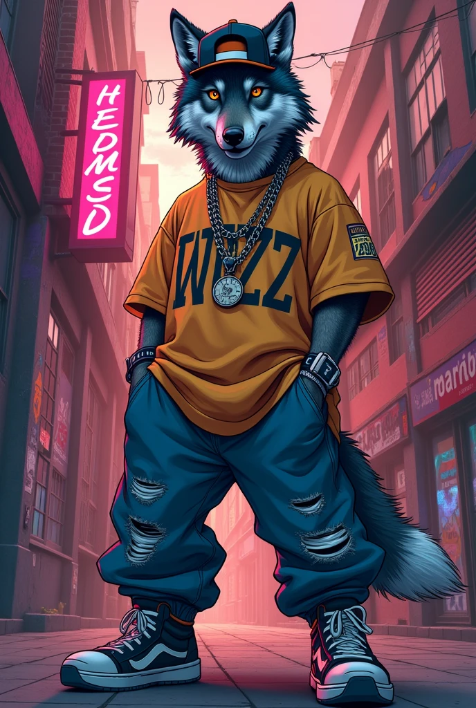 Drawing of a wolf that does hiphop and is dressed like the rappers of the 90s