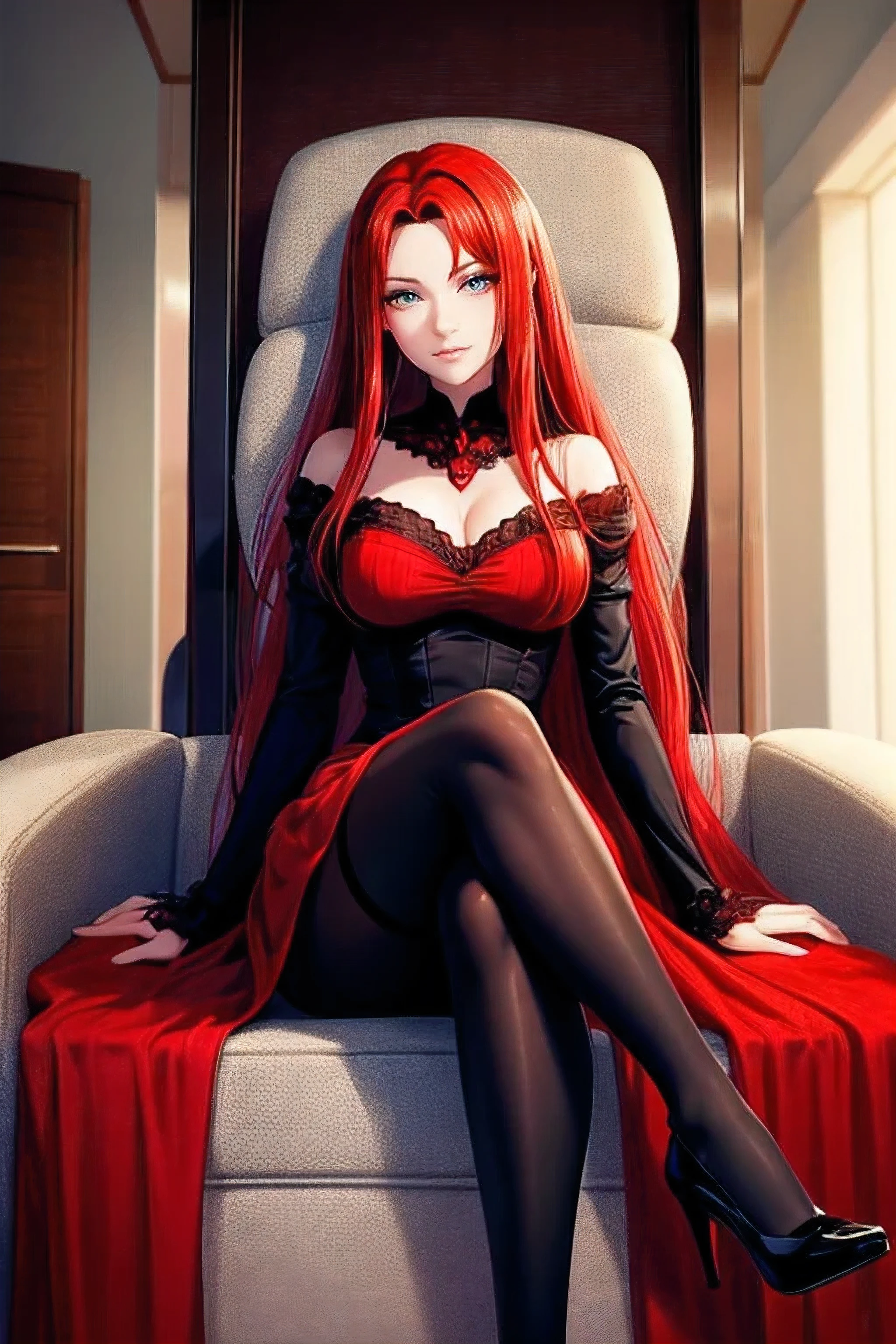 NFSW,{{high qualiy}}, {{masterpiece}}, {{{giantess art}}}, red hair woman, black gown, Red High Heels, with pantyhose, in town, saint with crossed legs