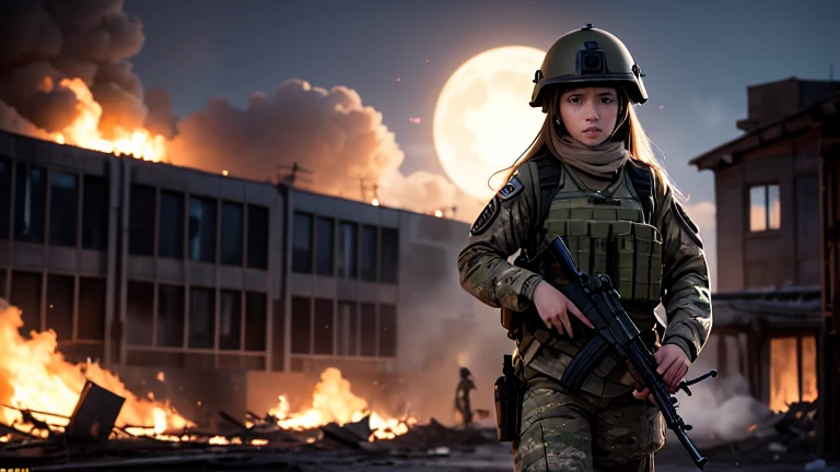 Realistic、Realistic skin texture、Automatic rifle、High resolution、High resolution、Arabian woman in camouflage uniform、1 very beautiful female soldier、Blonde medium-long hair、Carrying a military backpack、Wearing a military helmet、Has an M16 rifle、Wear a bulletproof vest、Observe the audience、In the background is a burning building、smoky battlefield、The background is the night sky、A huge half moon in the center of the sky、The person is a full-body angle、Walking towards here、Many zombies are walking behind the woman、