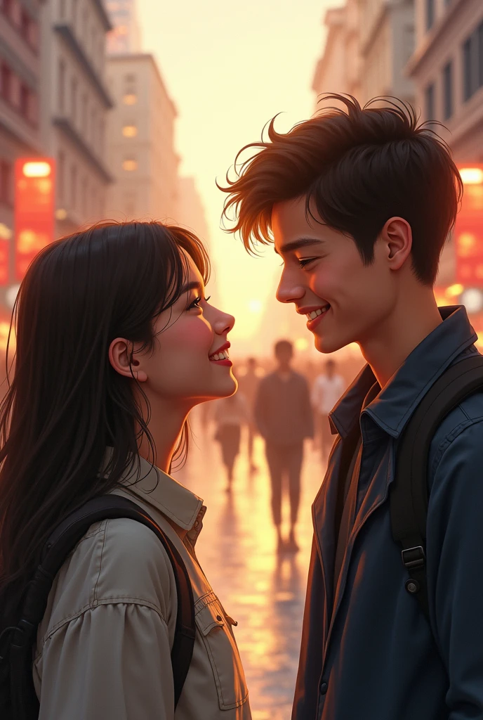 a girl saw a guy from afar smiling brightly