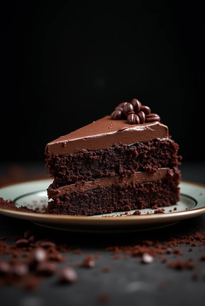 cinematic film still chocolate, chocolate cake, dark background, quality photo, moist texture, frosting, studio photo, slice . shallow depth of field, vignette, highly detailed, high budget, bokeh, cinemascope, moody, epic, gorgeous, film grain, grainy