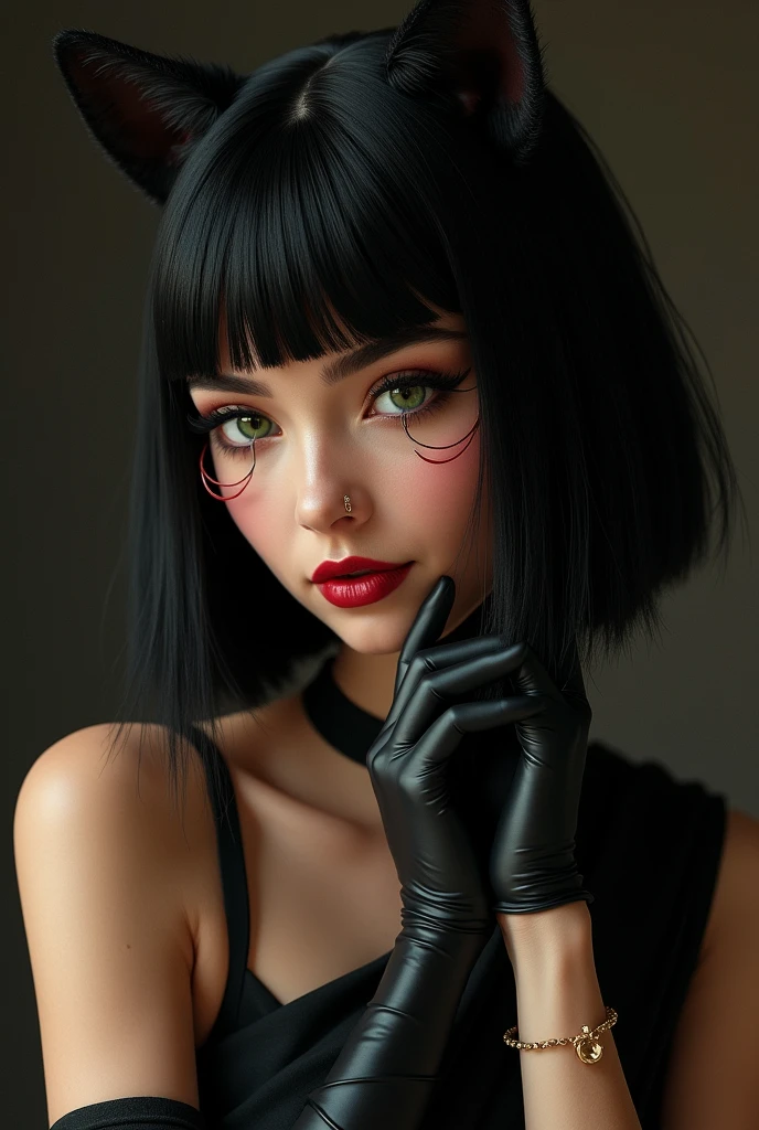 An Indian woman with bob cut hairstyle, having cat whiskers above her red cherry coloured lips, her eyes are green like a cat, wearing a black stylish saree which is matching her cat like personality with black gloves and high heels.
