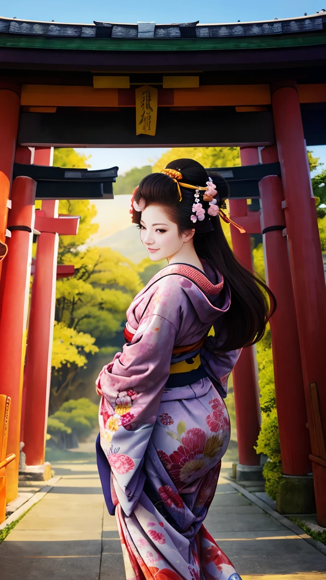 (Sea Art、I create amazing digital illustrations of beautiful women in kimonos)、Beautiful woman smiling showing her upper white teeth、Colorful Ukiyo-e style illustrations、Brown-black long hair、Beautiful full body style、If you want to dance, Dancing to Tokyo Ondo, Good good、Beautiful new digital paintings,、 Bright and vibrant digital anime art、Beautiful anime portraits、Background,The front torii gate of a Japanese shrine.、Detailed digital anime art、