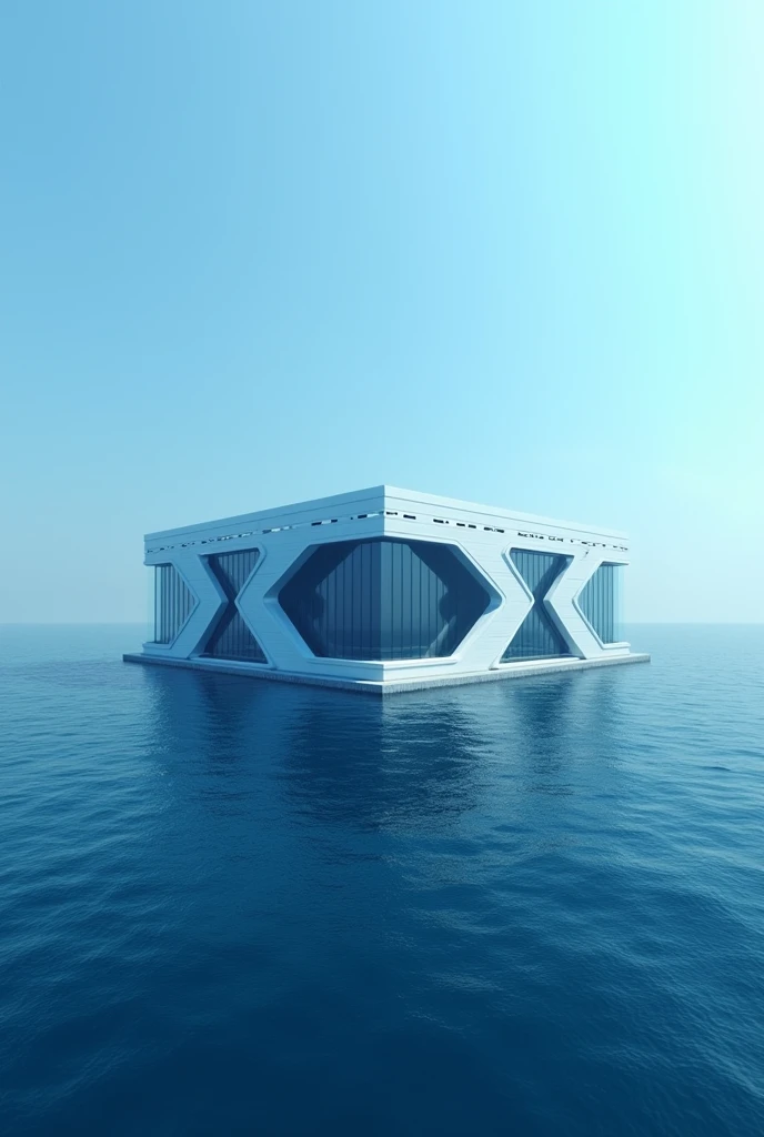 building, modern, futuristic looking, in the middle of the ocean, very big, blue and white, wide, square.a capital letter X in the middle of the building, in printed form.