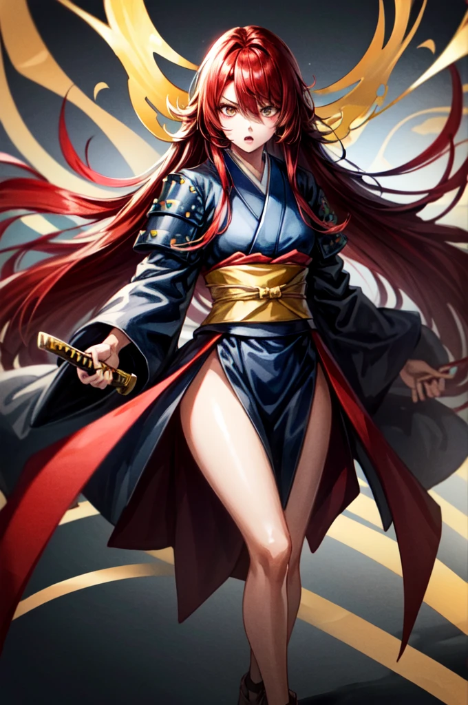wearing armor One adult female, wearing black kimono, Long Hair, red hair, golden Eyes, snake pupils, Light makeup, intense anger, tite waist, holding sharp sword, full body, big hair, hair over eye, anime, cinematic lighting, cowboy shot, UHD, retina, masterpiece, accurate, anatomically correct, textured skin, super detail, high details, high quality, award winning, best quality, highres, 8k