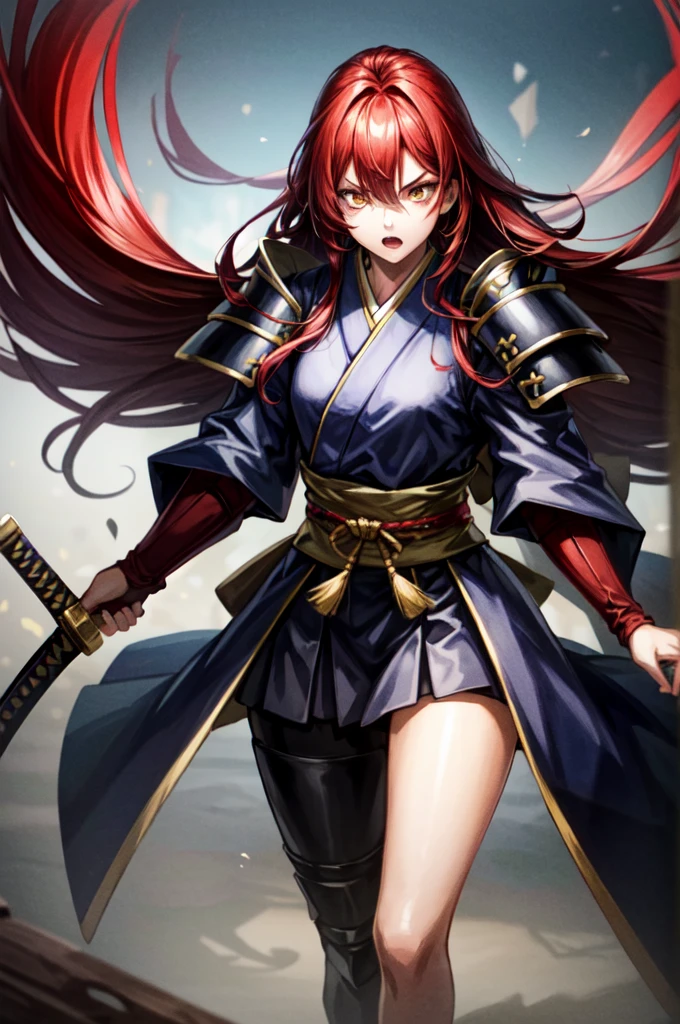 wearing armor One adult female, wearing black kimono, Long Hair, red hair, golden Eyes, snake pupils, Light makeup, intense anger, tite waist, holding sharp sword, full body, big hair, hair over eye, anime, cinematic lighting, cowboy shot, UHD, retina, masterpiece, accurate, anatomically correct, textured skin, super detail, high details, high quality, award winning, best quality, highres, 8k