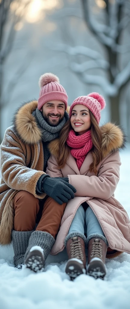 heterosexual couple, playing in the snow, fur coat, with fluffy fox fur, pink winter hat, ear protector, colorful scarf, on a snow sled, snowy landscape scene, beautiful idyllic magical scene