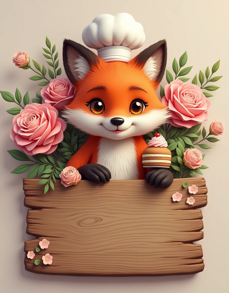 create a logo, flowers, fox with two paws sample with chef&#39;s hat, girl holding cake in jar, creative, place to put the store name on the wooden board, realisitic, high qualiy