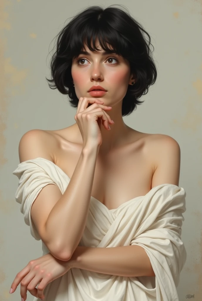 Sappho of Lesbos with short black hair and white dress. with a surprised expression, with one hand on the chin.