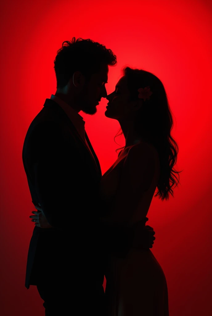 Create a music cover with a silhouette of a man and a woman with their faces very close together and a red background