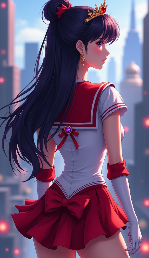 (rear view, backside view),anime Sailor Mars in a sexy outfit standing in front of a city,Su cabello es morado oscuro, su tiara es en forma de v con una joya color rojo. Sus pendientes son estrellas de 6 picos, su cuello de marinero es de color rojo con 3 líneas blancas, su broche es rojo, su broche delantero es de color morado y su camisa es blanca con hombreras color blanco con una linea blanca en la cintura. En el medio hay una joya roja con bordes color dorado, sus guantes están por debajo de sus codos y su color es blanco con la parte superior de color rojo, su falda y su moño trasero son rojos, seductive anime girl, extremely detailed artgerm, ilya kuvshinov. 4 k, style artgerm, marin kitagawa fanart, ilya kuvshinov and artgerm, made with anime painter studio, beautiful alluring anime woman, sakimichan frank franzzeta, high quality, (RAW photo, best quality), (realistic, photorealistic: 1.4), (extremely delicate and beautiful: 1.4), amazing, fine details, masterpiece, ultra detailed, high resolution, best illustration, best shadow, intricate, ( extremely intricate: 1.2), (exquisitely detailed skin), cinematic light, perfect anatomy, (cool color: 1.4), sharp focus, 8k UHD, DSLR, (Fujifilm XT3),(Sailor Mars:1.4),( sailor moon Mars:1.4), (skirt lifted by itself: 1.1), (skirt lift: 1.3), (showing blue panties: 1.3),( iluminación cinematográfica :1.4),( tiene un hermoso culo :1.4), (fondo cueva caverna piedras grandes :1.4),( tiene un culo de pera hermoso :1.4) 