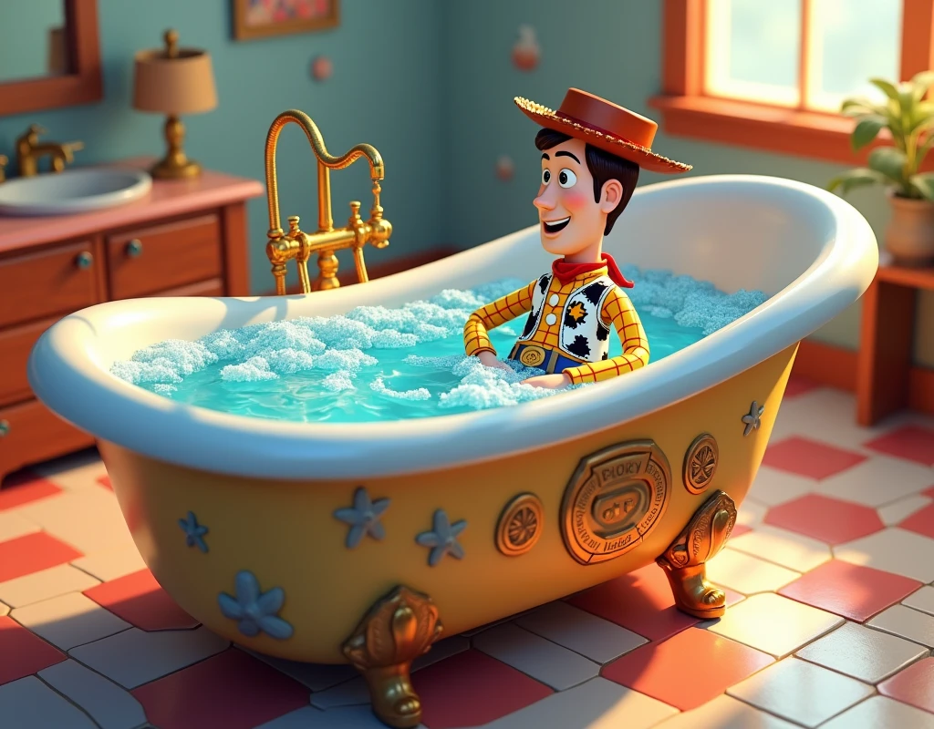 We need a big bathtub with Woody's cartoon image on it and that bathtub is filled with water.