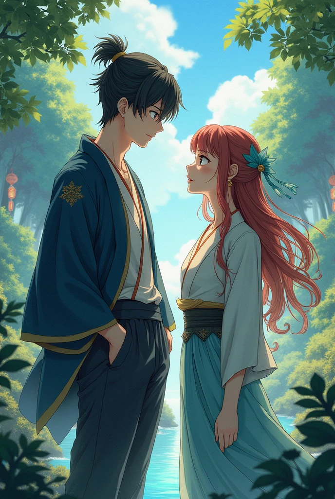 Man and woman of 1.77 looking at each other, estilo kimetsu no yaiba