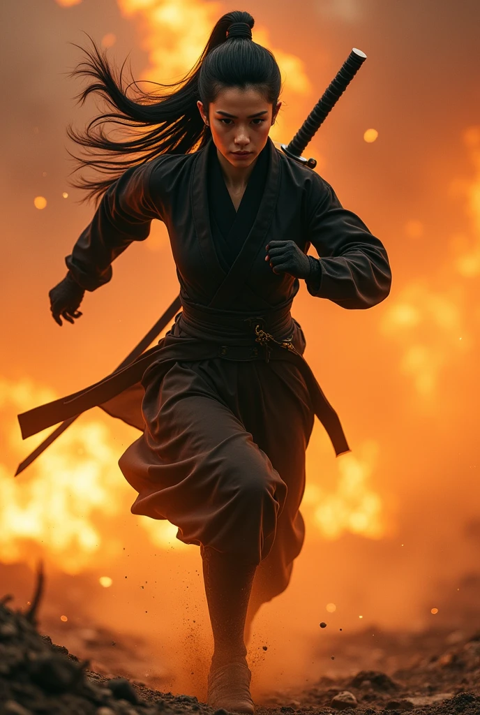 Highest quality, Realistic, Very detailed, finely, High resolution, 8k、Beautiful Japanese female ninja、Running in flames